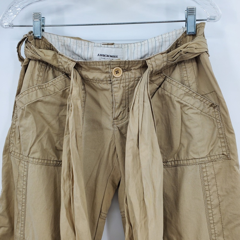 Vintage Abercrombie & Fitch Khaki Cargo Pants Tie Waist S Y2K Low Rise Wide Leg - Picture 5 of 14